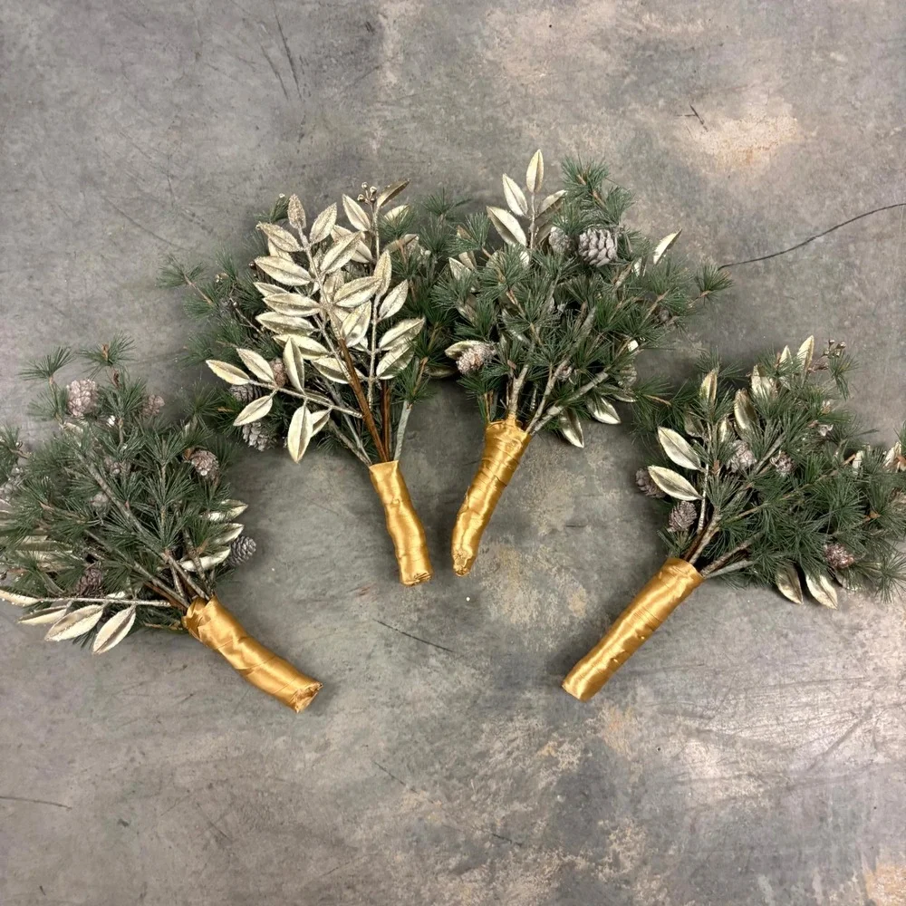 Set of 4 Winter Pine Floral Picks Gold Leaves Pinecones Holiday Christmas Decor